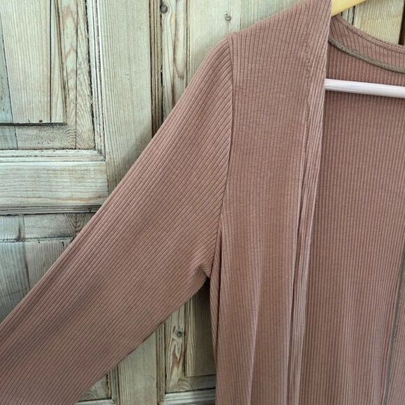 Senita Small‎ Tan Brown Cardigan Duster Ribbed Sweater Pockets Open Front - Picture 4 of 11